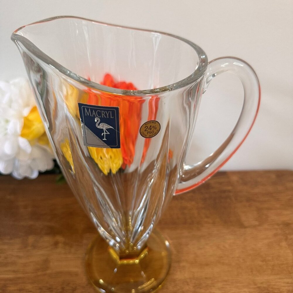 Macryl‎ Bohemia Crystal Pitcher 24% Lead Czech Glass Vintage Yellow Base Jug - Picture 2 of 6